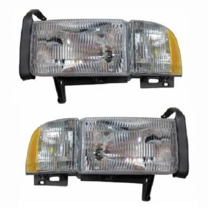 1994, 1995, 1996, 1997, 1998, 1999, 2000, 2001 Dodge Pickup Headlight Assemblies New Replacement Ram 1500, 2500, 3500 Truck Without Sport Stock Headlamps Combo Lens Covers -Replaces Dealer OEM 55076749AO, 55076749AD