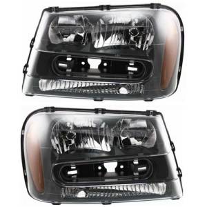 2002, 2003, 2004, 2005, 2006, 2007, 2008, 2009 Chevy Trailblazer Headlights New Replacement Front Lens Covers Headlamp Assemblies For Your 02, 03, 04, 05, 06, 07, 08, 09 Trailblazer -Dealer OEM 25970915, 25970914 With Full Width Grille Bar